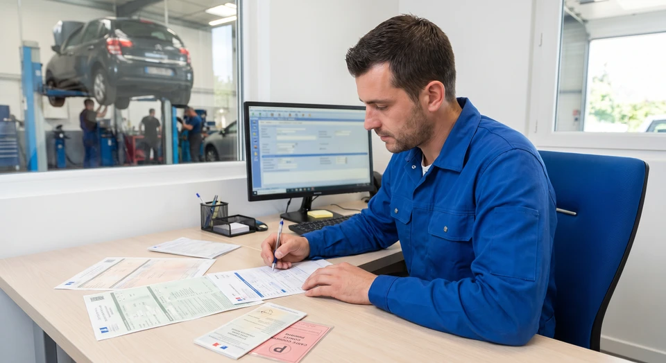 Employé de garage en tenue professionnelle, assis à un bureau administratif dans un espace bureau du garage, complétant un dossier de carte grise avec stylo, documents de véhicule visibles sur le bureau, ordinateur en arrière-plan, illustrant la gestion administrative des formalités automobiles.